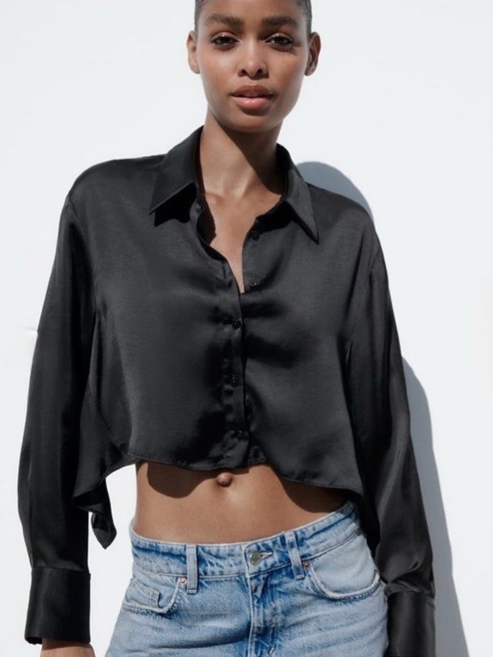 ZARA Black Satin Cropped Button-Front Shirt